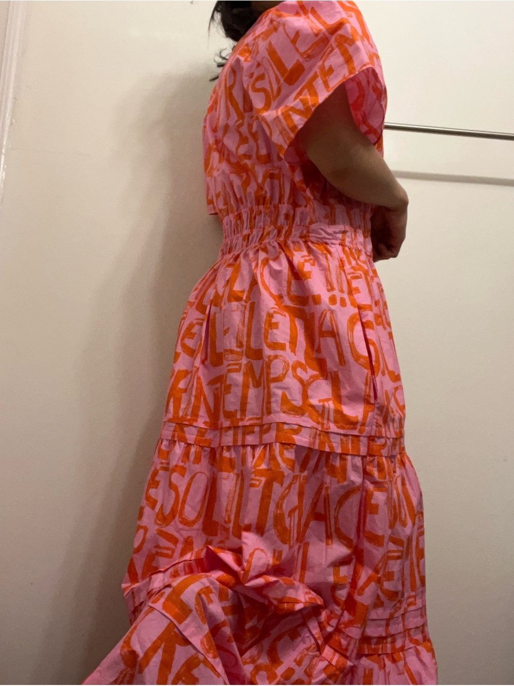 MY26 Anthropologie The Somerset Maxi Dress in pink with orange French writing - Picture 4 of 8